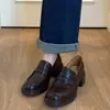 Versión de piel de vaca~ Mocasines de cuero genuino con suela gruesa para mujer, zapatos slip-on versátiles de estilo retro británico con tacones gruesos, zapatos de cuero casuales