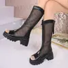 Zapatos de tacón alto de malla hueca transpirables con punta abierta de moda para mujer, nuevo estilo de verano 2026, botas hasta la rodilla con cremallera trasera, botas geniales