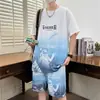 Conjunto de Duas Peças Masculino Verão 2025 Tendência Gradiente Casual Esportivo Jovem Moda Versátil Camiseta de Manga Curta e Shorts