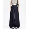 Jeans Feminino de Verão Plus Size, Perna Larga Fino, Cintura Alta, Caimento Solto, Emagrecimento, Fluido, Azul Escuro, Calça de Comprimento Total