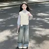 Moda Dulce Estilo Coreano Estilo Academia Falso Dos Piezas Manga Larga Pantalones Vaqueros Dibujos Animados Lindos Conjunto de Dos Piezas para Niños Medianos y Mayores