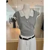 Top de Punto con Cuello en Contraste para Mujer Verano Manga Corta Delgado Holgado Estilo Francés Elegante Camisa Polo Combinación de Colores Sencilla Camiseta