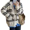 Cárdigan suéter a rayas casual de cuello en V estilo coreano para mujer, nuevo top de punto versátil de corte holgado para otoño e invierno para mujer