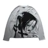 Camiseta Waffle de Manga Larga con Cuello Redondo Estampado de Personaje de Anime Estilo Oscuro Acg Color de Contraste Blanco y Negro Casual Y2K Ajuste Holgado
