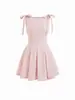 Vestido Corto Estilo Dulce Europeo con Tirantes de Hombro de Lazo, Cintura Ceñida, Falda Corta sin Mangas Moldeadora de Línea A