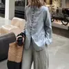 Novo estilo chinês, ultrasslim, retrô, chic old-money, cardigan de linho com gola alta e manga longa plus size