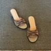 Sandalias Tejidas de Tacón Alto con Lazo Retro para Mujer, de Una Tira, Puntera Descubierta, Tacón Grueso, Zapatillas de Estilo Francés para Exterior