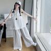 Conjunto de Top de Bolinhas Estilo Mori e Calça Wide Leg para Meninas Verão Roupa Coreana 2025 Novo Conjunto de Três Peças Tendência para Crianças Maiores