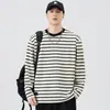 Feng She Roupa Masculina / Camiseta Masculina de Manga Longa Listrada Solta Gola Redonda Retrô Japonês Versátil Camada Base Pesada Roupa Íntima