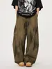 Calça jeans patchwork plissada de corte solto com design de nicho para primavera e outono para homens, calça casual moderna de perna larga com silhueta curva