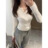 Top con Botones en el Hombro Derecho para Mujer en Primavera y Otoño Estilo Adelgazante Camiseta Interior Cuello Semi Abierto Estilo Sexy Camiseta Base
