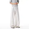 Calça Masculina Cinza Plissada Estilo Old Money, Verão Fina Solta Reta Drapeada Casual de Perna Larga
