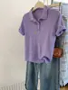 Camisa Polo Feminina Roxa de Alta Qualidade Estilo Coreano Verão Seda Gelada Manga Curta Top Simples Feminino A10822