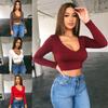 Primavera e Outono Nova Frente e Costas Gola V Dupla Gola Coração de Galinha Gola Baixa Ombreira Curta Slim-fit Manga Comprida Camiseta Feminina Camisa Base Vermelha