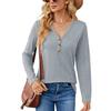 Amazon 2023 Europa e Estados Unidos comércio exterior transfronteiriço outono e inverno nova cor sólida V-neck botão solto manga comprida T-shirt top roupas femininas