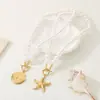 Pulsera de Acero de Titanio con Colgante de Corazón con Perlas, Cadena de Perlas Retro Francesa de Alta Gama, Hebilla Ot de Lazo, Estrella de Mar Festoneada, Diamante