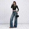 Jeans rectos de pierna recta para mujer, color azul oscuro retro desgastado lavado con efecto bigote de gato, colección de principios de otoño 2026, adelgazantes y con textura
