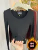 Nueva Camiseta de Manga Larga para Mujer Otoño e Invierno 2025, Se Puede Usar por Fuera, Camiseta Base de Felpa Cepillada, Top de Cuello Redondo con Hombro Normal y Canalé