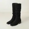 Botas Martin de Cano Alto com Salto Médio Outono Inverno Transfronteiriças Plus Size Botas Femininas Bico Redondo Borracha Solado Macio Leve Slip-on Salto Quadrado Botas de Couro