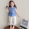 Conjunto de Niña a Cuadros Azules con Volantes Verano Ropa Infantil Bebé Niña Camisa de Muñeca Pantalones Blancos de Pierna Ancha Conjunto Delgado de Dos Piezas