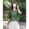Sudeste Asiático Primavera y Otoño Talla Grande Suelto Elegante Casual Estilo Occidental Reductor de Edad Algodón y Lino Bordado Cuello en V Manga Tres Cuartos Camiseta Top