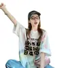 Camiseta de Algodón Puro Holgada de Colores Veraniegos con Graffiti para Mujer Estilo Chic de Hong Kong Estampado de Gato de Dibujos Animados Top Versátil de Longitud Media