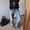 Jeans unisex de estilo americano, corte limpio, para calle, geniales, holgados, pierna recta acampanada, con patrón de rayo lavado, transfronterizos
