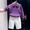 Conjunto de dos piezas para niño estilo coreano otoño 2026: suéter de punto morado calado bordado y pantalones casuales blancos para niños
