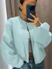 Chaqueta de Béisbol para Mujer de Otoño e Invierno Chaqueta Bomber Estilo Callejero Cuello Redondo Hombro Caído Manga de Linterna Cremallera Chaqueta Cardigan