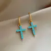 Pendientes de Cruz Azules Turquesa Imitación 2026 Nuevo Estilo Caliente Sensación de Alta Gama Pendientes Largos Pendientes de Tachuela Diseño de Nicho Joyería para Orejas