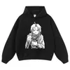 Sudadera con estampado de cómic en blanco y negro, lavado desgastado, corte holgado, inspirada en anime, estilo high-street, con capucha, en stock, para exportación