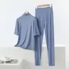 Conjunto de dos piezas de pijama y pantalón de modal ligero de verano, holgado, talla grande, ropa casual para el hogar para mujer