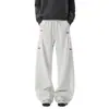 Pantalones deportivos plisados bordados blanco gris para hombre, otoño, estilo americano, caída, pantalones de fitness, marca de moda, pantalones casuales de pierna recta
