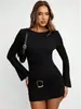 G25D129 Vestido Corto Elegante Ajustado al Cuerpo de Color Sólido con Mangas Largas Transfronterizo Europeo y Americano
