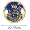 Feliz Cumpleaños Serie Azul Dorado Set de Vajilla para Fiesta de Cumpleaños Tenedor Boda Festiva Cuchara Plato de Cena Vajilla