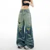 Jeans Feminino Lavado Americano Retrô High Street Rasgado Primavera Verão Reto Casual Solto High-End Calça Wide Leg