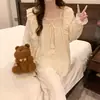 Nuevos Pijamas de Manga Larga para Mujer de Otoño Jacquard Cuadros Cuello en V Traje de Algodón Nube Pijamas para Mujer Encaje Ropa Dulce para el Hogar
