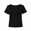 Camiseta corta plisada de verano para mujer, estilo Spice Girls, estilo europeo y americano, con cuello cuadrado, corte entallado y lazo dulce.