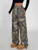 Europeas y Americanas 2025 Amazon Fashion Versátiles Cordón Retro Chica Hot Estampado de Hojas Pantalones Cargo de Mujer Pantalones Largos Holgados