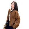 Moda Casual Elegante Simples Outono 2026 Design de Gola Patchwork Suede Jaqueta Curta de Motociclista