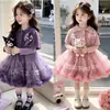 Conjunto infantil para meninas suéter xale com pingente de desenho animado fresco mais vestido de princesa 26 Primavera/Outono novo estilo atacado