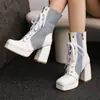 Botas de invierno y otoño transfronterizas de punta cuadrada con tacón alto hasta la mitad de la pantorrilla, con plataforma impermeable, tacón cuadrado, cremallera lateral, talla grande versátil, botas Martin para mujer con bloques de color