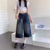Shorts folgados plus size estilo retrô americano, jeans cropped, calças femininas de verão de cintura alta com perna larga, calças casuais, calças de comprimento médio, da moda