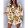 Vestido de Praia Europeu e Americano de Comércio Exterior Transfronteiriço, Vestido Estampado Feminino de Verão com Decote V e Amarração, Vestido Patchwork, Personalização em Pequenos Lotes