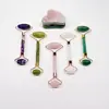 Rolo Facial Massageador de Jade Cristal Rosa Ametista Rolo Manual de Duas Cabeças de Jade Placa Gua Sha Conjunto de Beleza