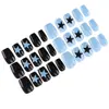 Unhas Curtas Vestíveis Estilo Creme, Manicure Pequena Fresca em Contraste Azul Francês e Preto, Unhas Doces e Descoladas para Festa de Estudantes, Removíveis