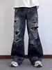 Jeans Rasgado com Estampa de Tinta Estilo High Street Americano para Homens e Mulheres, Marca de Moda Streetwear, Lavagem Pesada, Calças Retas de Perna Larga Soltas Chamativas