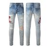Marca de moda TR AMIRI lavado pesado con agujeros artesanales jeans ajustados de cuero de alta calidad para hombre