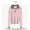 Suéter Feminino 100% Caxemira Pura Outono/Inverno 2026, Tricô com Zíper na Gola, Corte Slim, Valoriza a Silhueta, Camada Base para o Dia a Dia