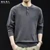 Masculino Outono 2026 Novo Tricô Casual com Gola Henley Suéter de Botão Base de Seda Algodão Lã Top Camada Base